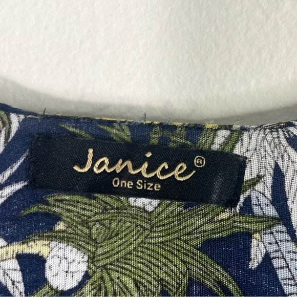 Janice Kimono Wrap Cover Up Navy Hawaiian Vacation Fringe Blue Green - Picture 3 of 6